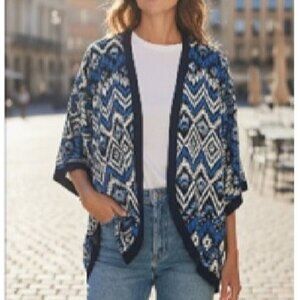Monteau Women's M Blue & Black Aztec Print Open Front Kimono Cardigan Boho Chic